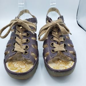 FLY London Purple Peep-Toe Lace Up Wedge 11.5